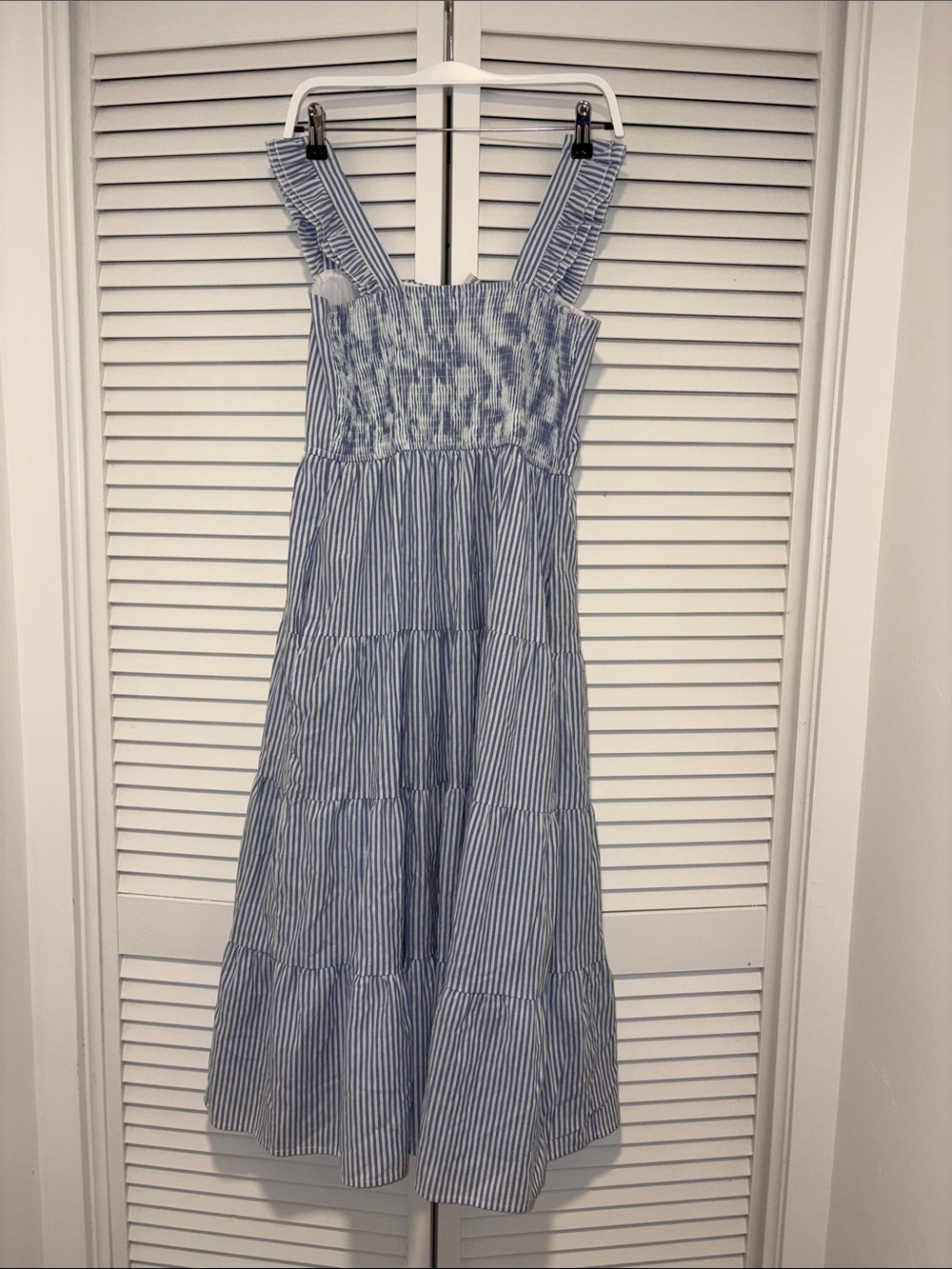 Blue and White Striped Sleeveless Tiered Midi Dress - Picture 4 of 5